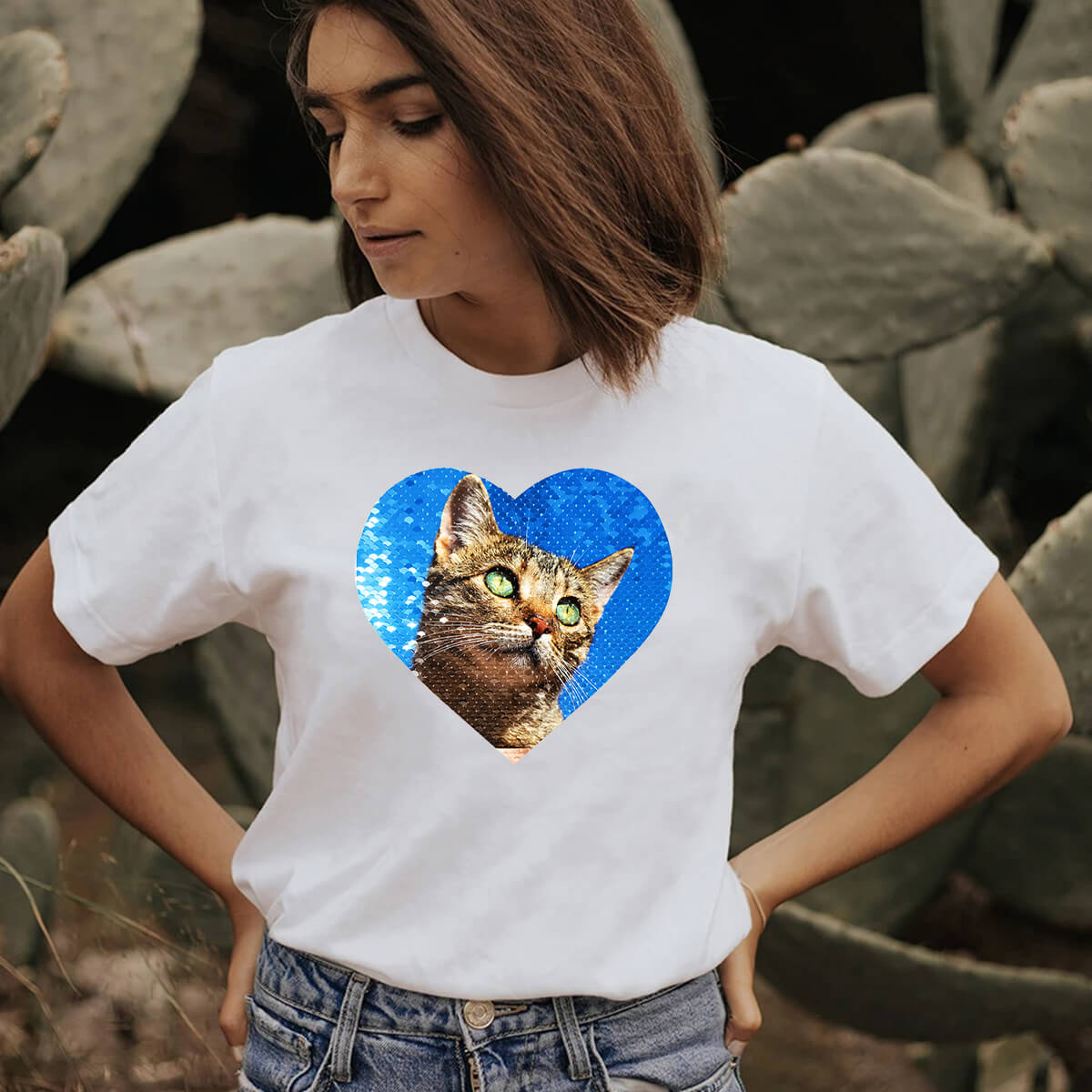 Custom Cat Flip Sequin Shirt (Heart)