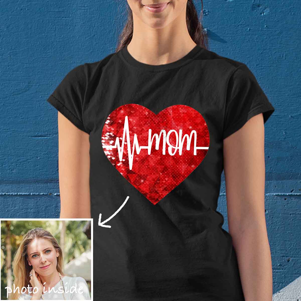 Personalized Heart Shaped Sequin with Picture Unisex Shirt, Custom  Reversible Sequin T Shirt, Custom Birthday Photo, Gift Tee, Gag White/Black