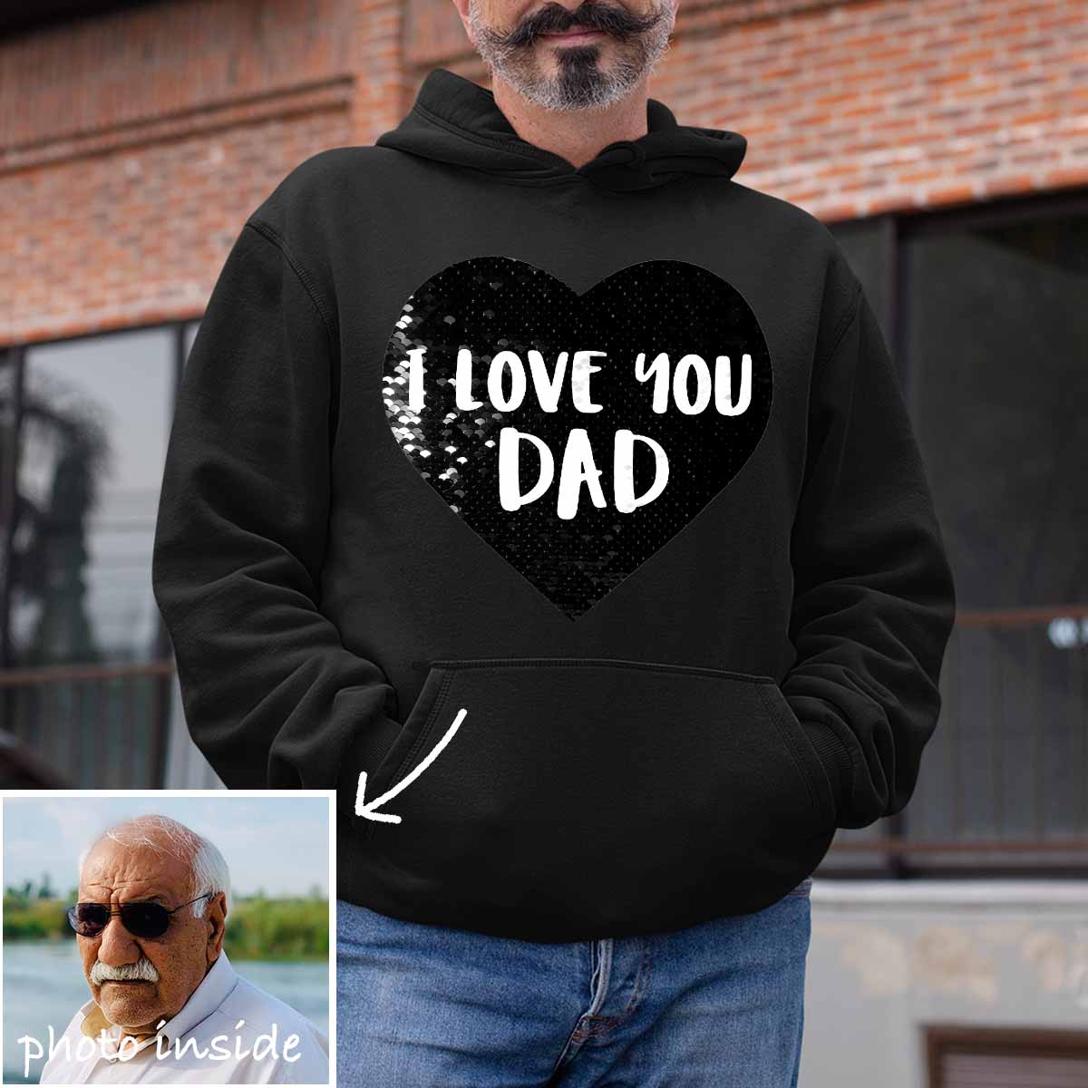 Benutzerdefinierter „I Love You Dad“-Hoodie mit Wendepailletten (Doppeldruck)