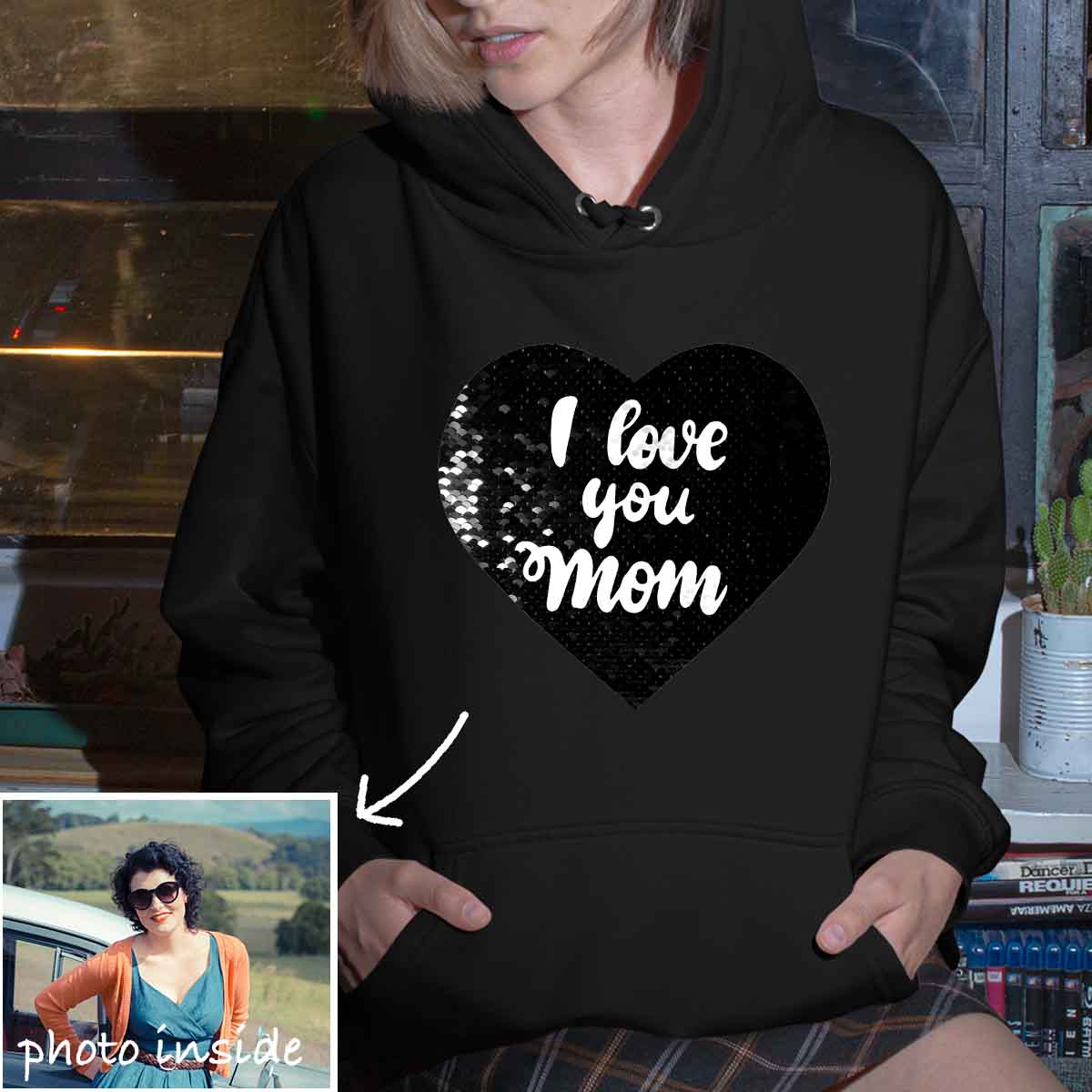Benutzerdefinierter „I Love You Mom“-Hoodie mit Wendepailletten (Doppeldruck)