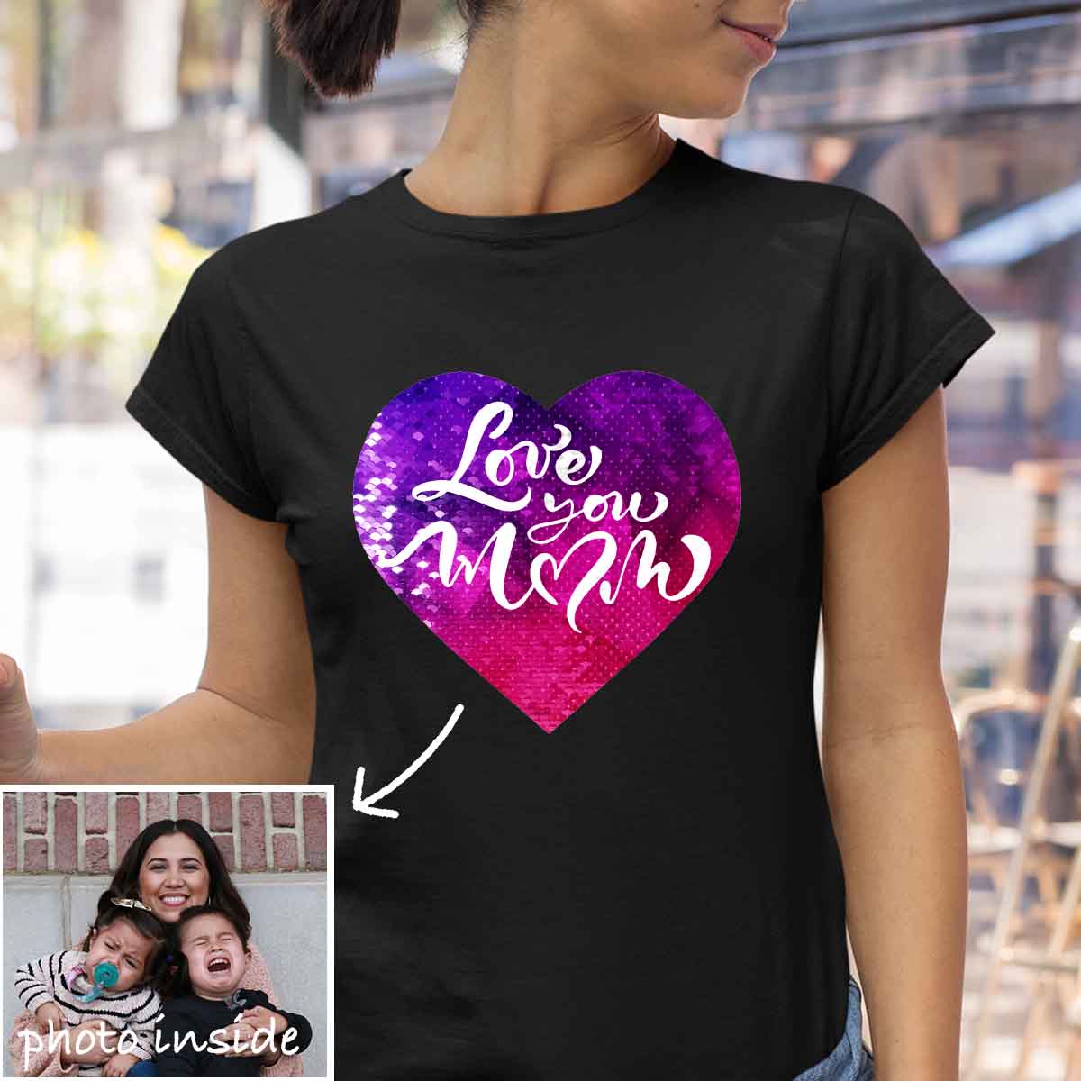 Benutzerdefiniertes „Love You Mom“-Flip-Pailletten-Hemd (Doppeldruck)