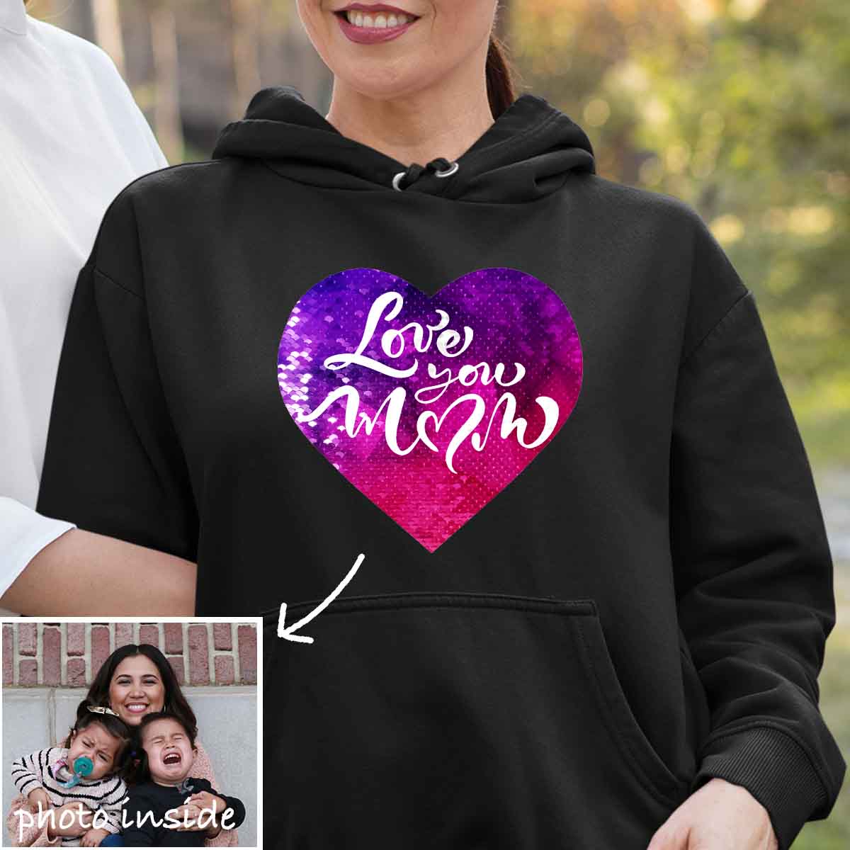 Custom Love You Mom Flip Sequin Hoodie (Double Print)