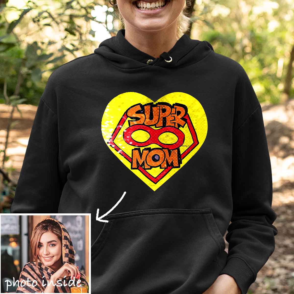 Benutzerdefinierter Super Mom 1 Flip-Pailletten-Hoodie (Doppeldruck)