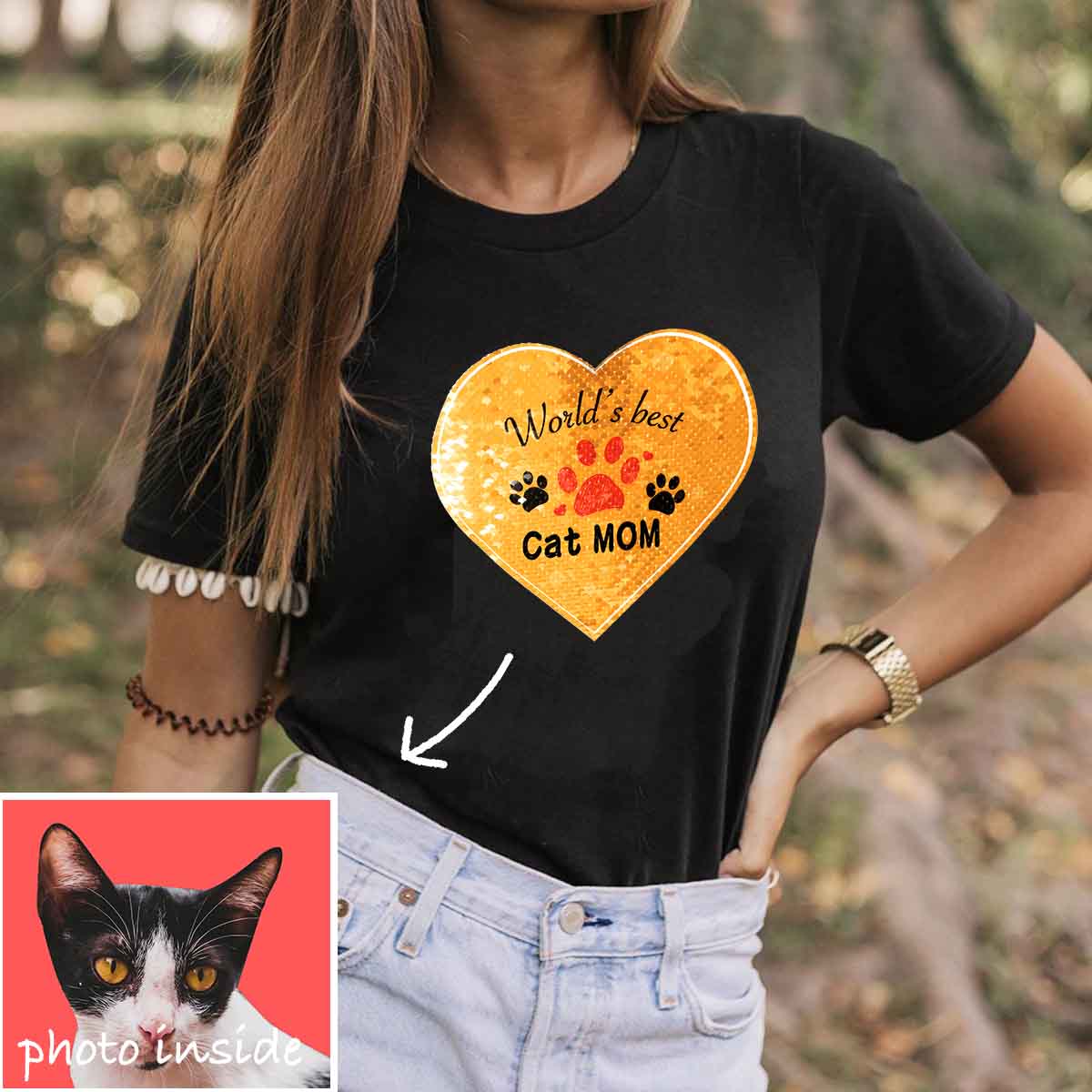 Personalisiertes „World's Best Cat Mom“-Paillettenshirt (Doppeldruck)
