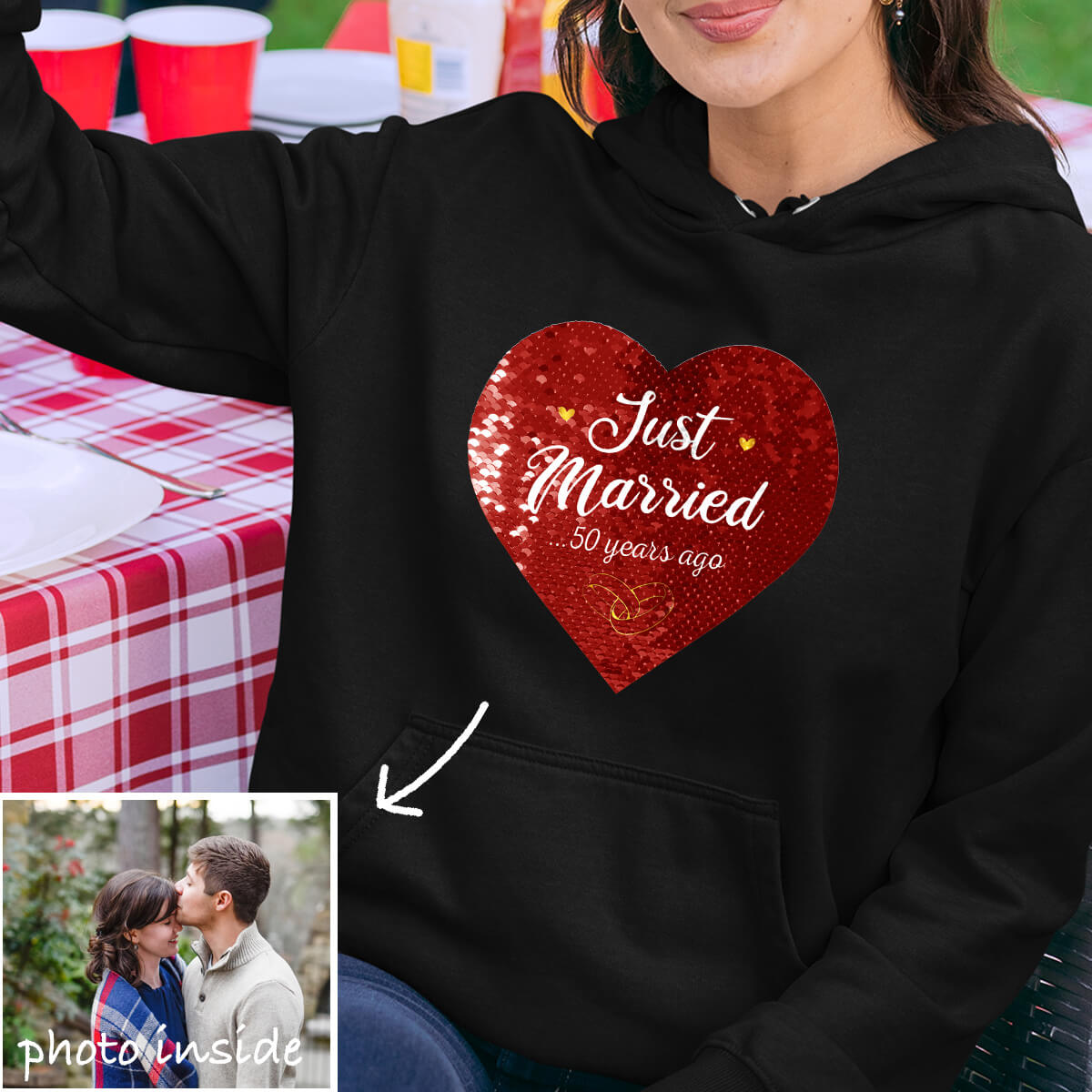 Benutzerdefinierter Just Married Flip-Pailletten-Hoodie (Doppeldruck)