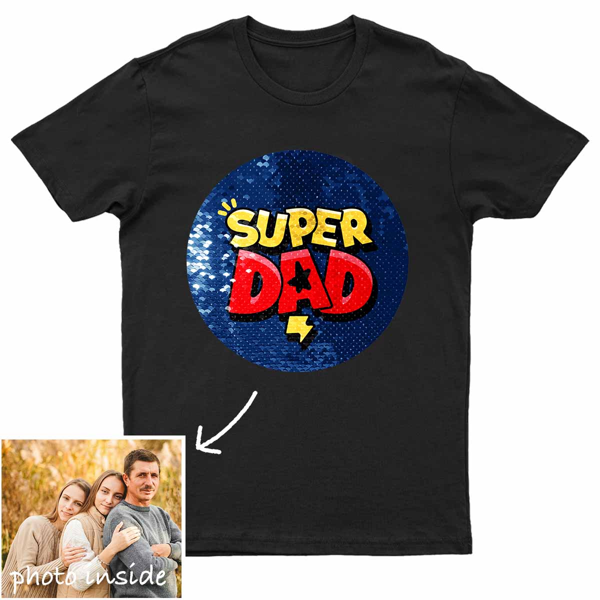 Custom Super Dad Circle Flip Sequin Shirt (Double Print)