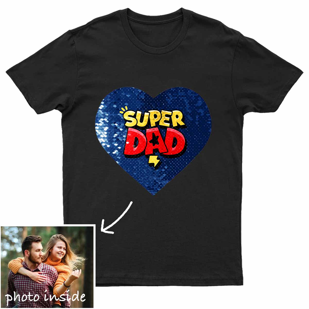 Benutzerdefiniertes Super Dad Herz-Flip-Pailletten-Hemd (Doppeldruck)