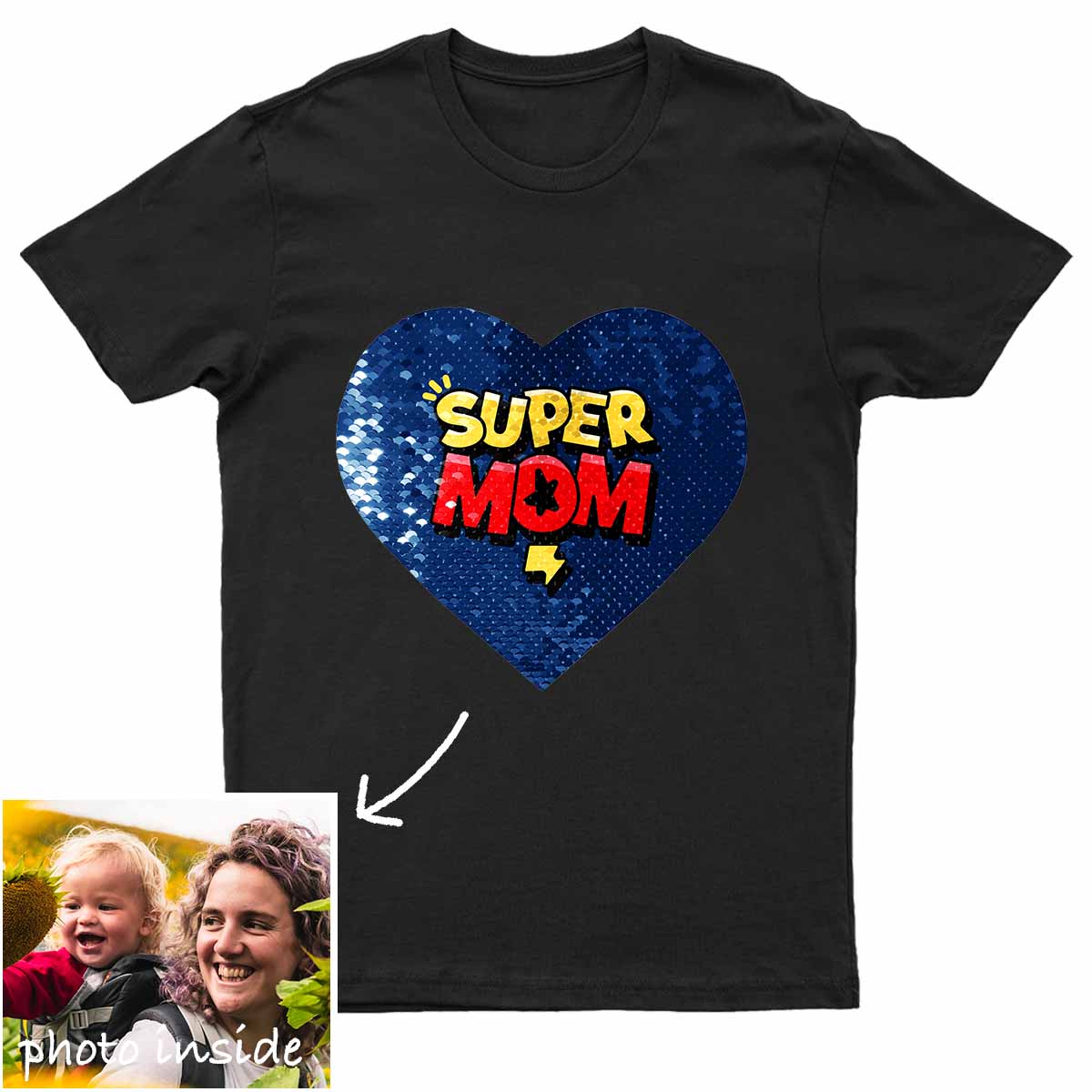 Benutzerdefiniertes „Super Mom“-Hemd mit Herz-Flip-Pailletten (Doppeldruck)